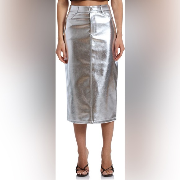 Avec Les Filles High Waist Faux Leather Midi Skirt - Size M - Silver - NWT - Picture 1 of 10